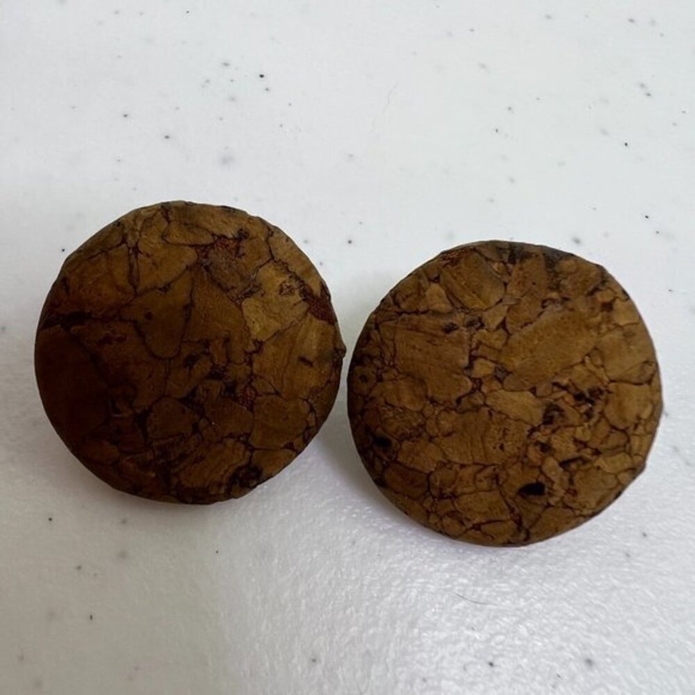 Vintage Cork Button Earrings‎ Clip On Brown Big Circle Fabric 1 Inch Textured